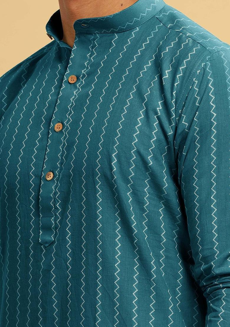 Blue Striped Cotton Kurta For Men - Indya