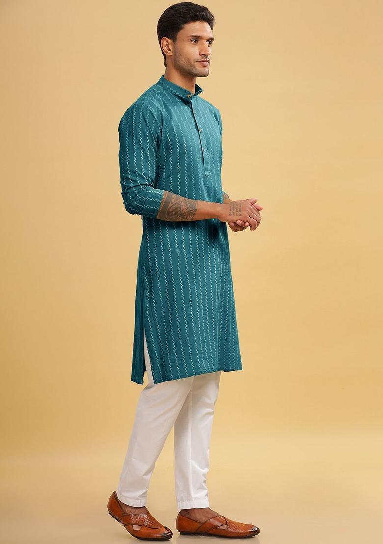 Blue Striped Cotton Kurta For Men - Indya