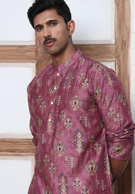 Purple Printed Silk Blend Kurta For Men
