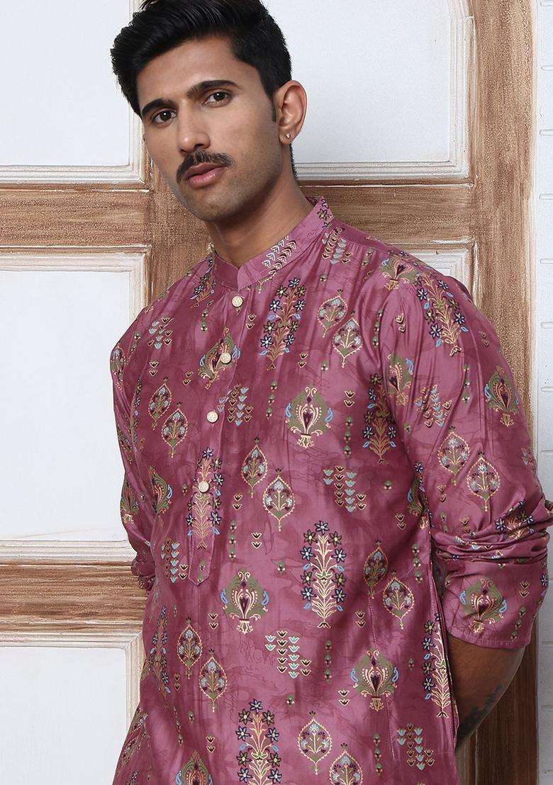 Purple Printed Silk Blend Kurta For Men - Indya
