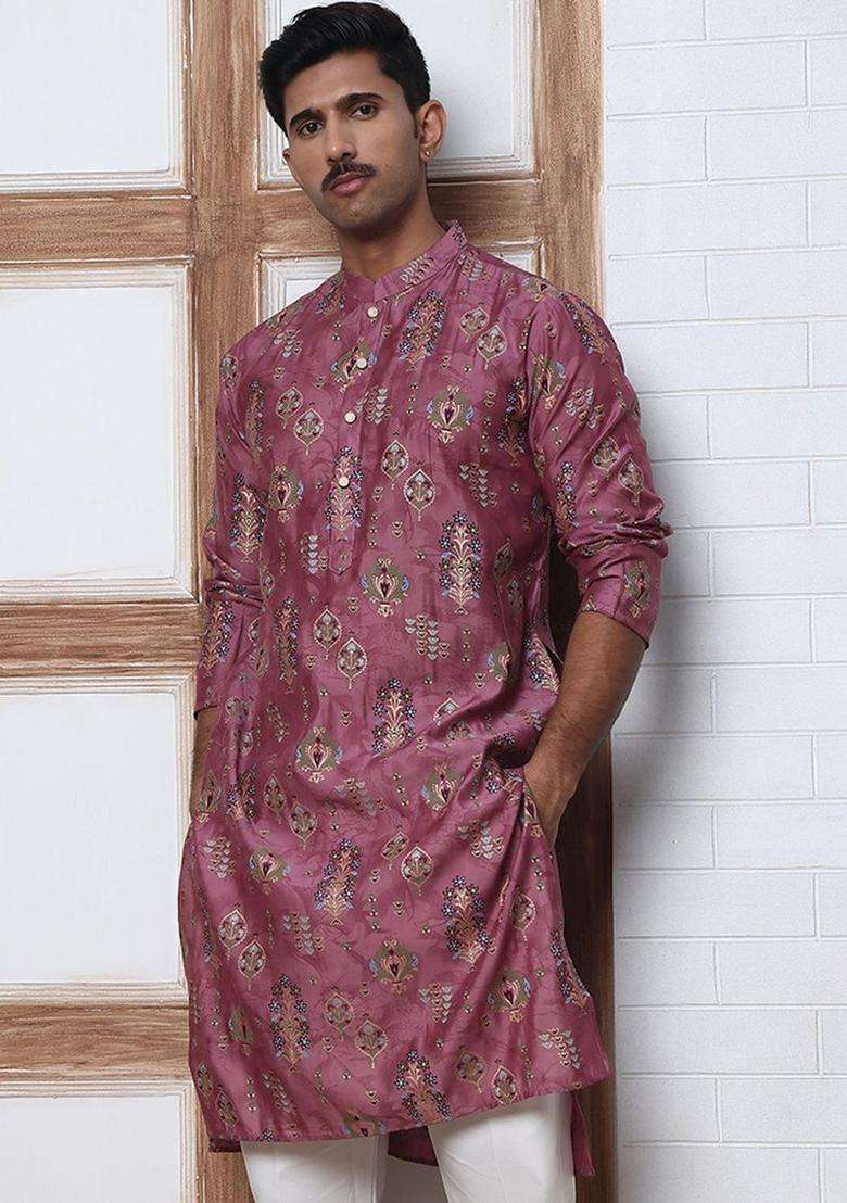 Purple Printed Silk Blend Kurta For Men - Indya