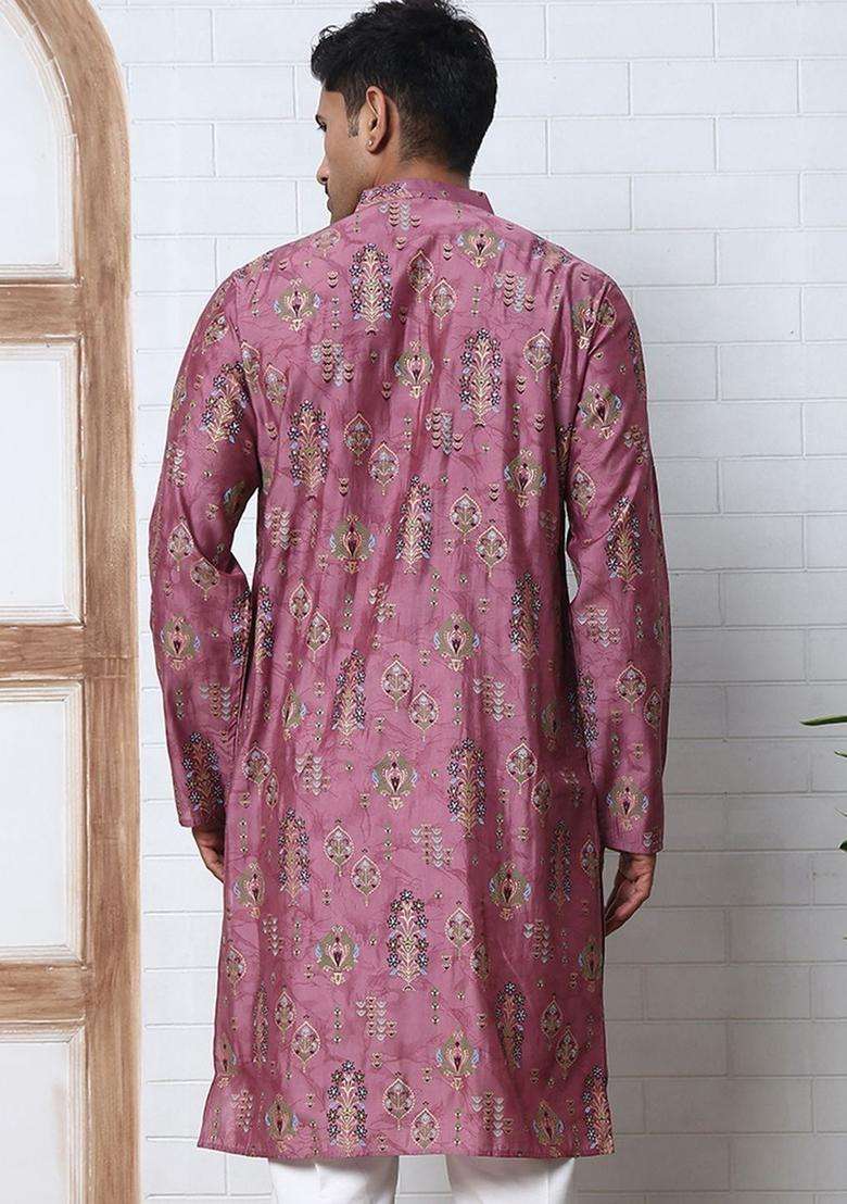 Purple Printed Silk Blend Kurta For Men - Indya