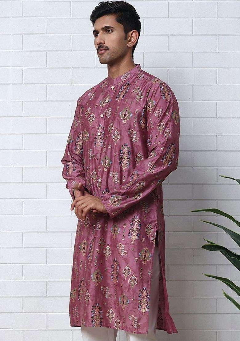 Purple Printed Silk Blend Kurta For Men - Indya