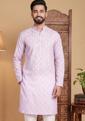 Purple Printed Cotton Kurta For Men
