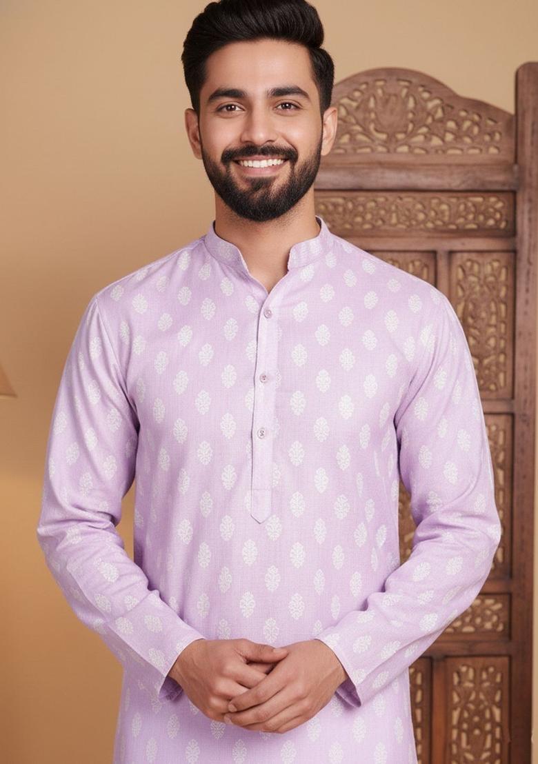 Purple Printed Cotton Kurta For Men - Indya