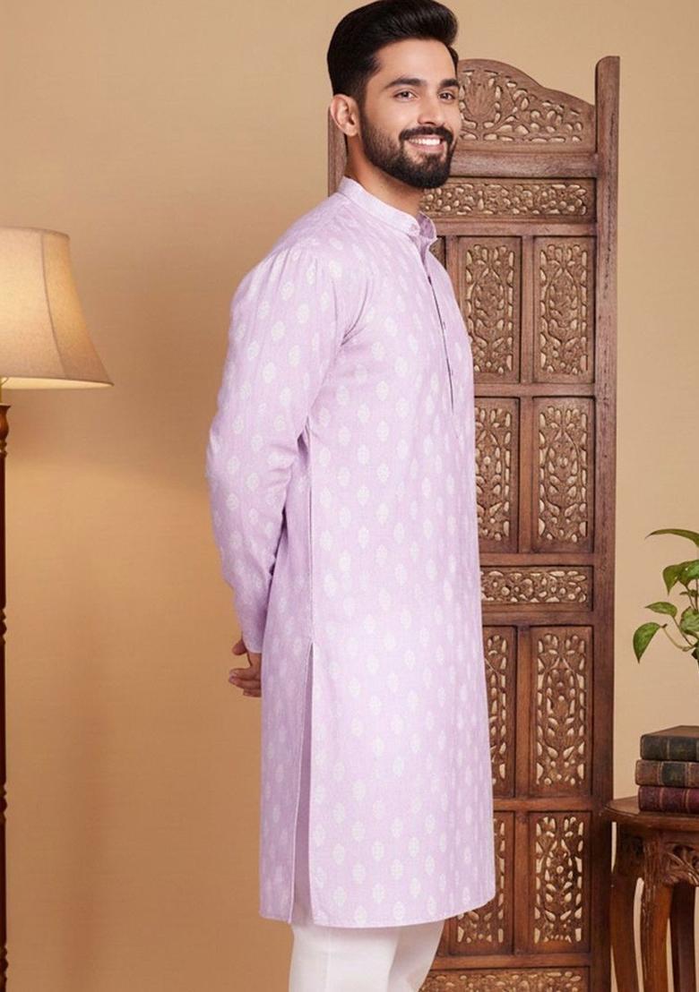 Purple Printed Cotton Kurta For Men - Indya