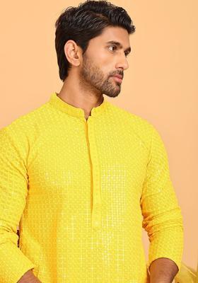 Yellow Embroidered Viscose Kurta For Men