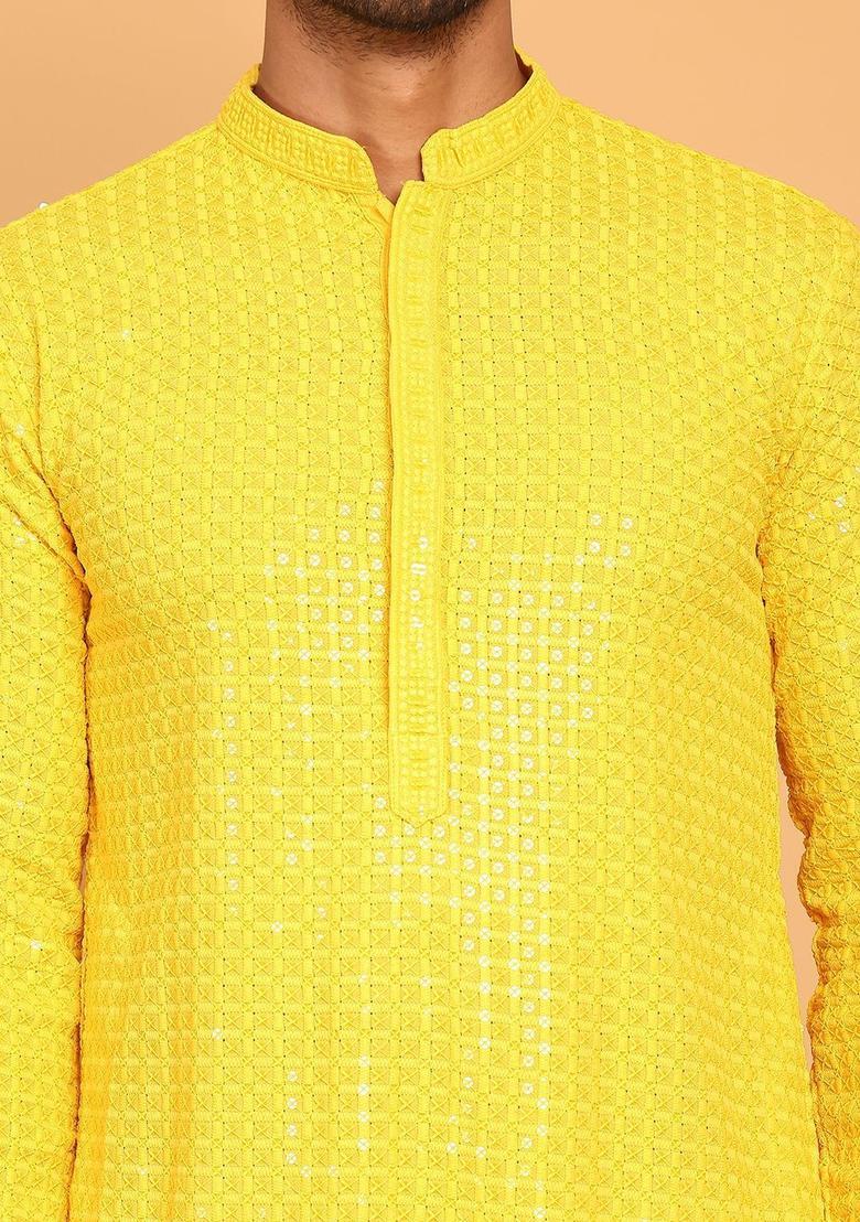 Yellow Embroidered Viscose Kurta For Men - Indya
