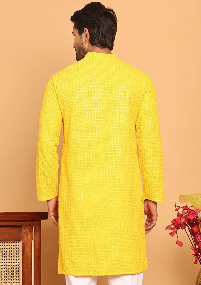 Yellow Embroidered Viscose Kurta For Men - Indya
