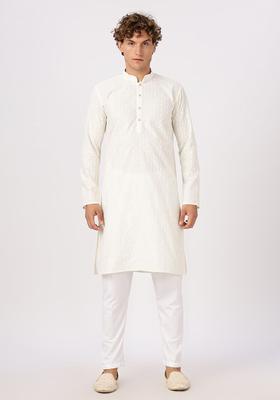 Beige Embroidered Cotton Kurta For Men