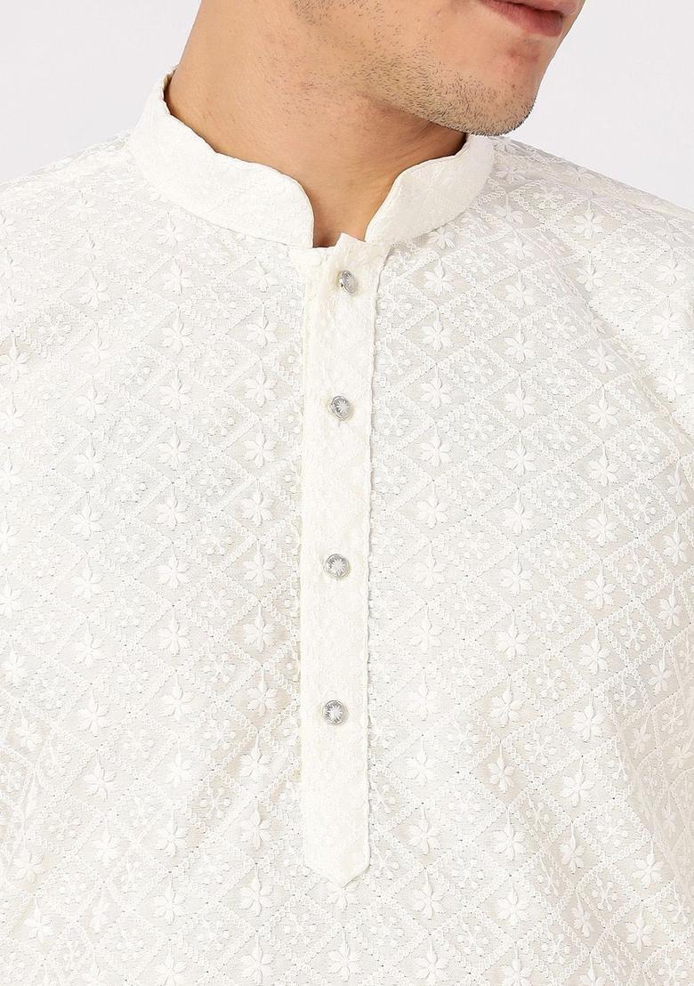 Beige Embroidered Cotton Kurta For Men - Indya