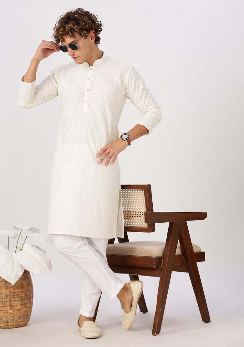 Beige Embroidered Cotton Kurta For Men - Indya