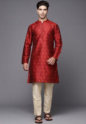 Maroon Woven Design Jacquard Kurta For Men