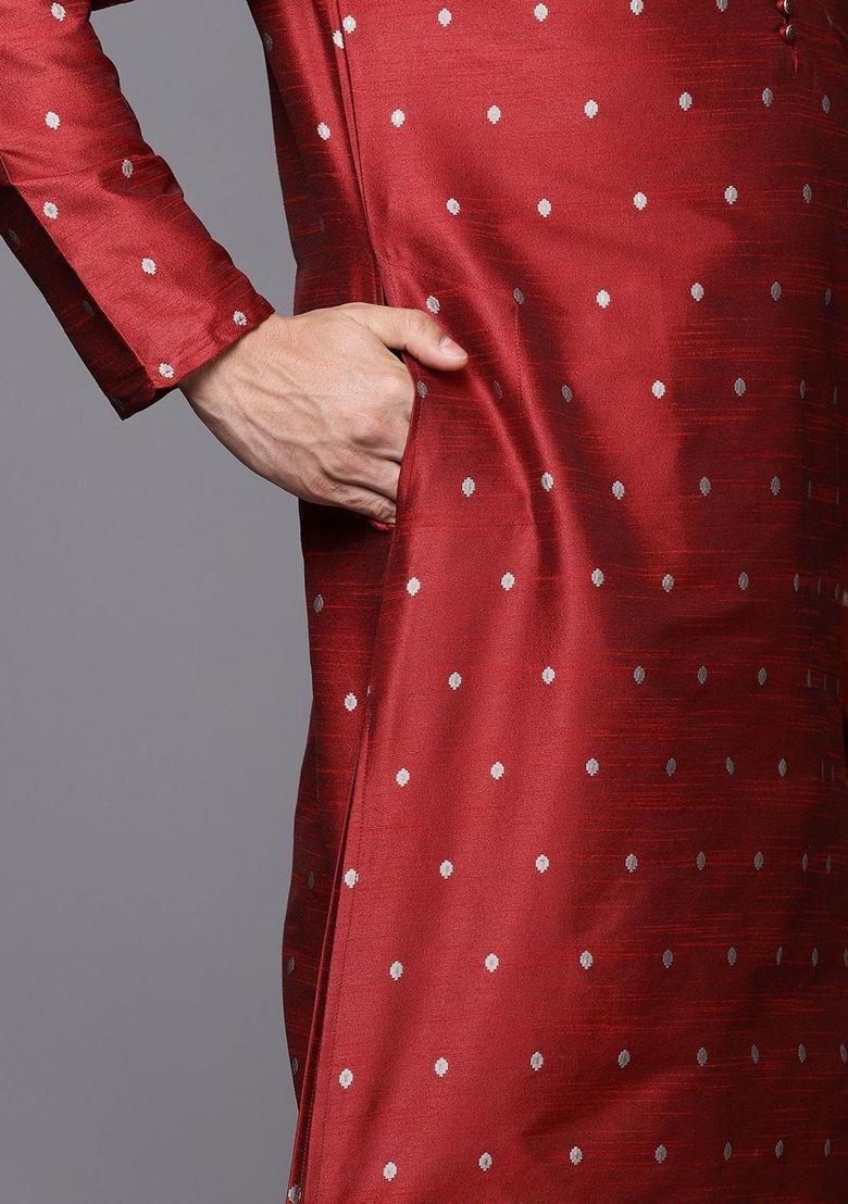 Maroon Woven Design Jacquard Kurta For Men - Indya