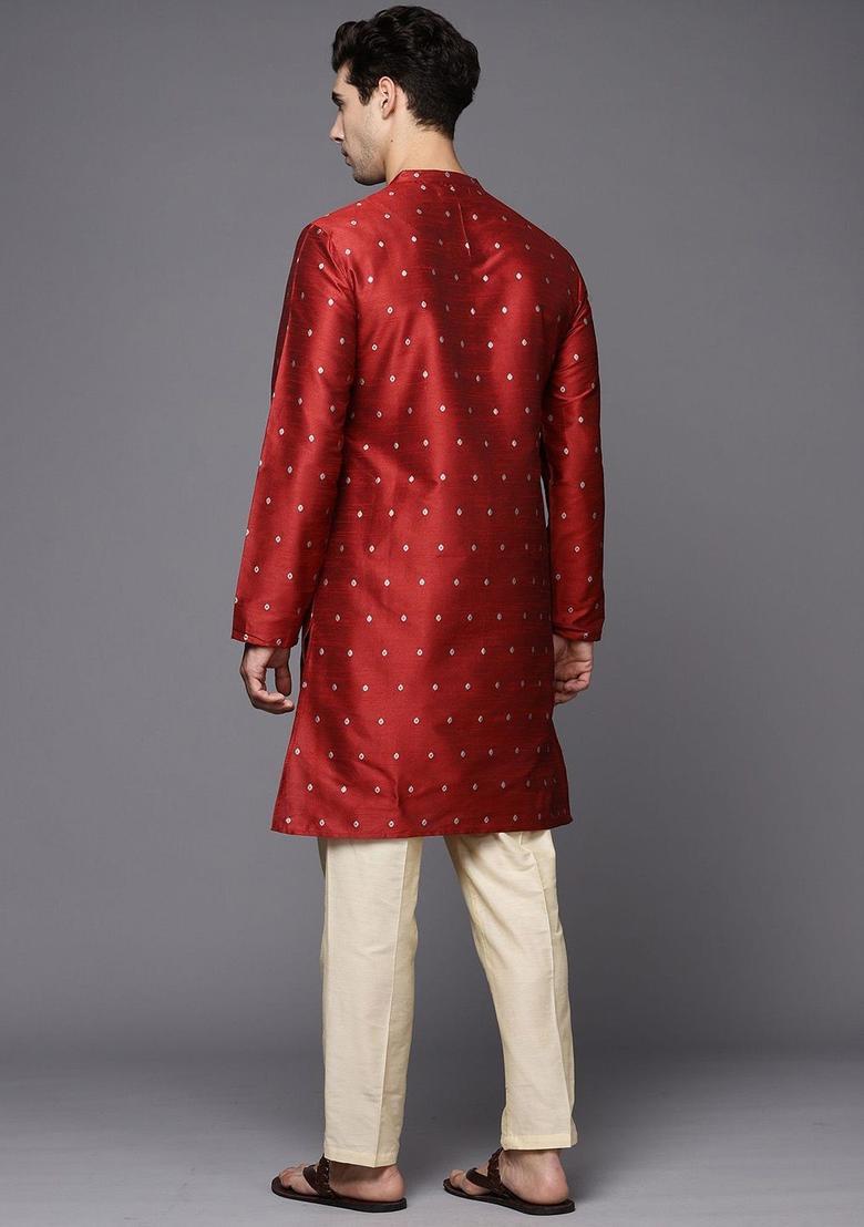 Maroon Woven Design Jacquard Kurta For Men - Indya