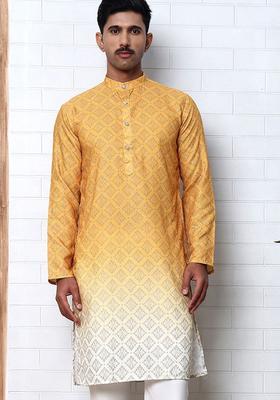 Yellow Woven Design Cotton Kurta For Men