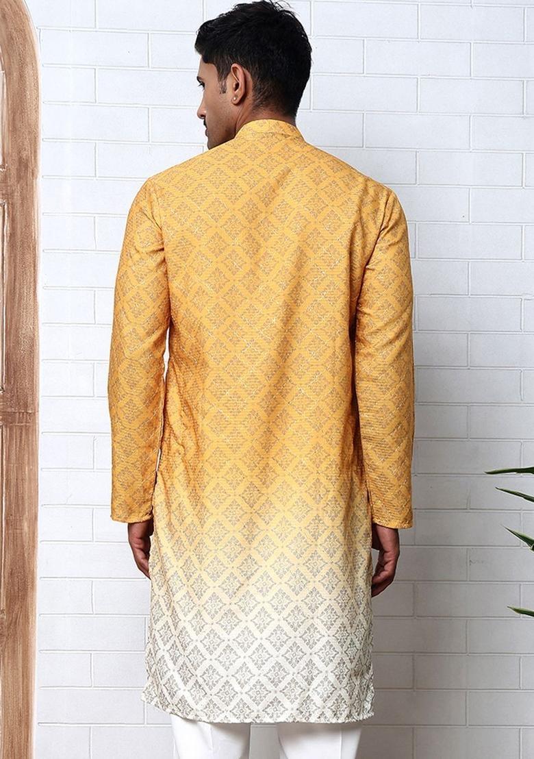 Yellow Woven Design Cotton Kurta For Men - Indya
