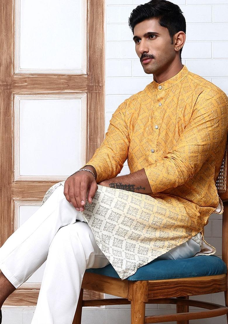 Yellow Woven Design Cotton Kurta For Men - Indya