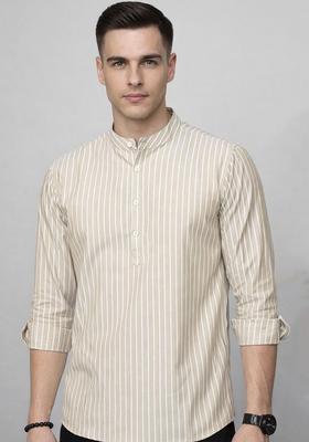 Beige Striped Cotton Kurta For Men
