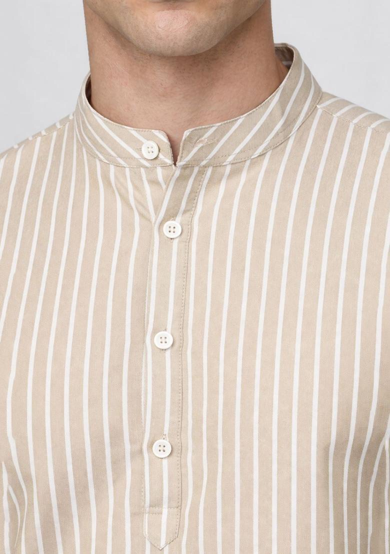 Beige Striped Cotton Kurta For Men - Indya