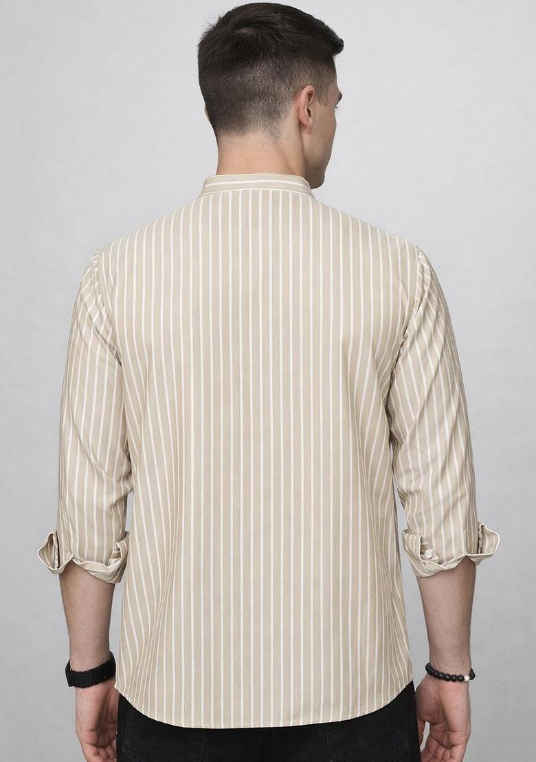 Beige Striped Cotton Kurta For Men - Indya