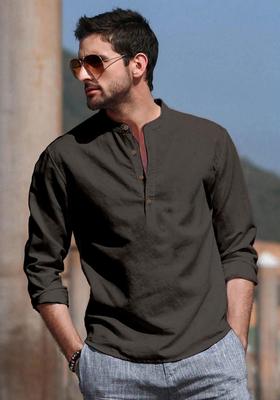 Grey Woven Design Cotton Kurta For Men