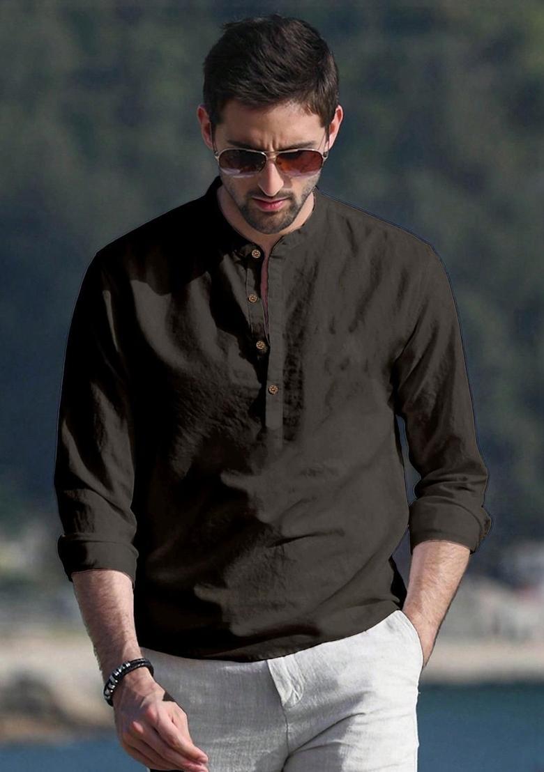 Grey Woven Design Cotton Kurta For Men - Indya