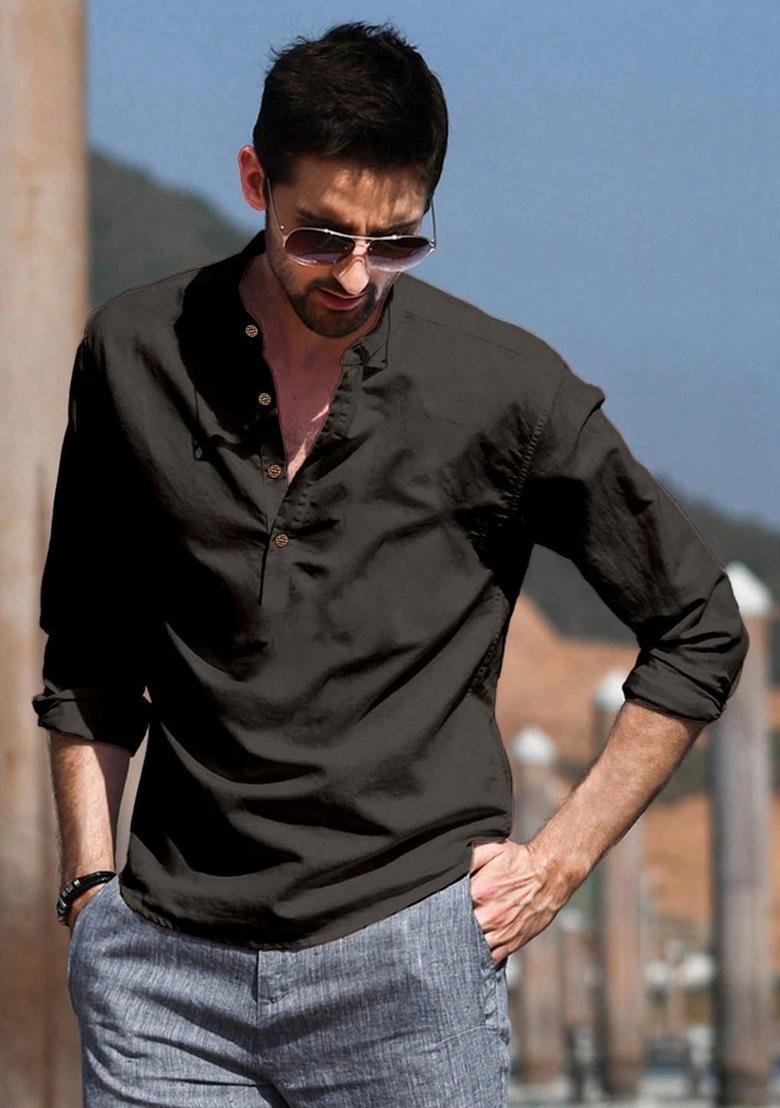 Grey Woven Design Cotton Kurta For Men - Indya