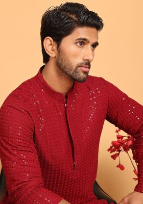 Maroon Embroidered Viscose Kurta For Men