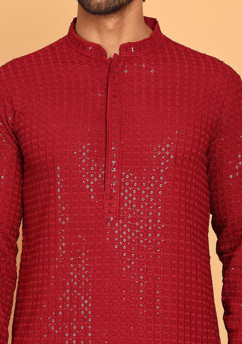 Maroon Embroidered Viscose Kurta For Men - Indya