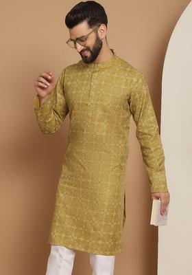 Olive Woven Design Linen Kurta For Men