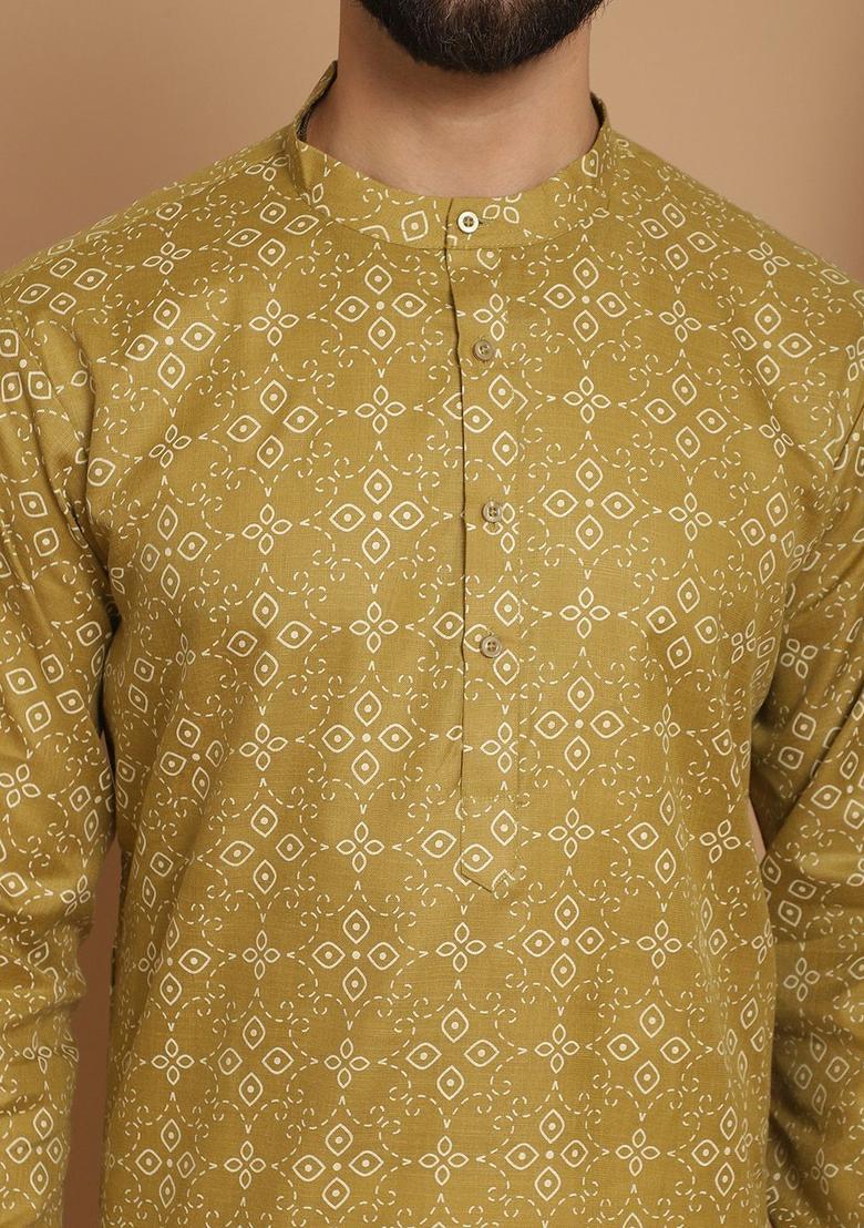 Olive Woven Design Linen Kurta For Men - Indya