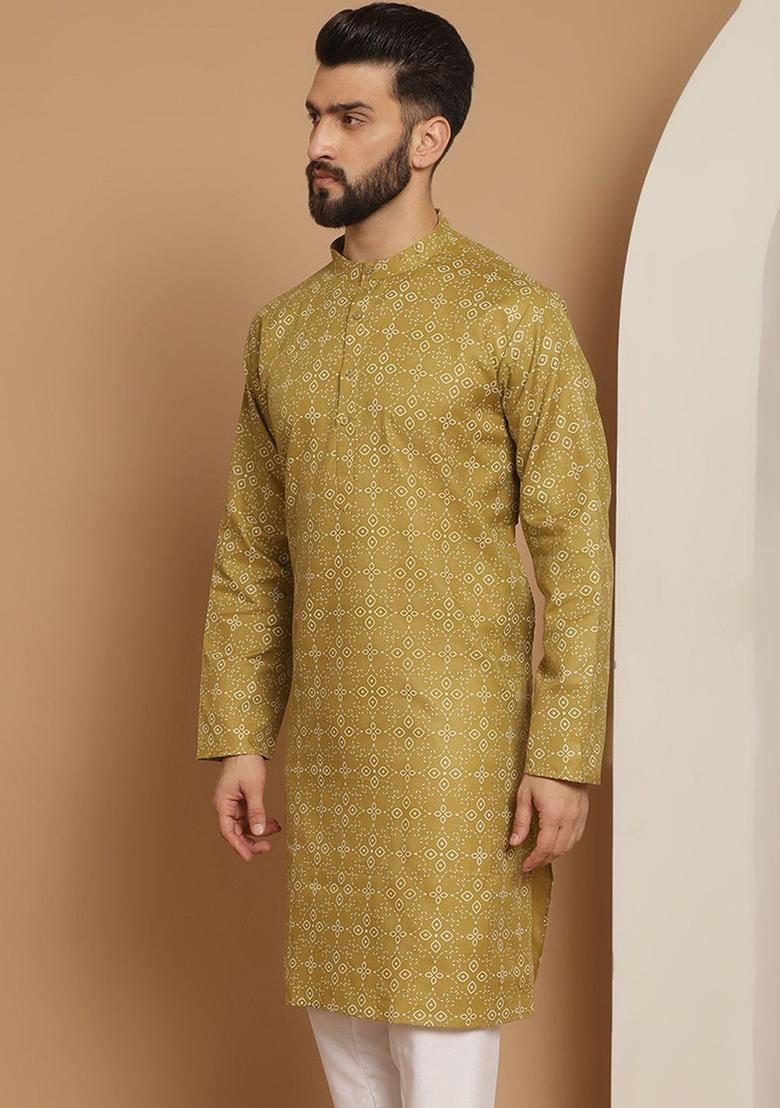 Olive Woven Design Linen Kurta For Men - Indya