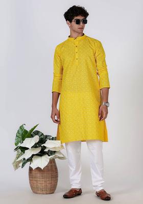 Yellow Woven Design Cotton Kurta For Men