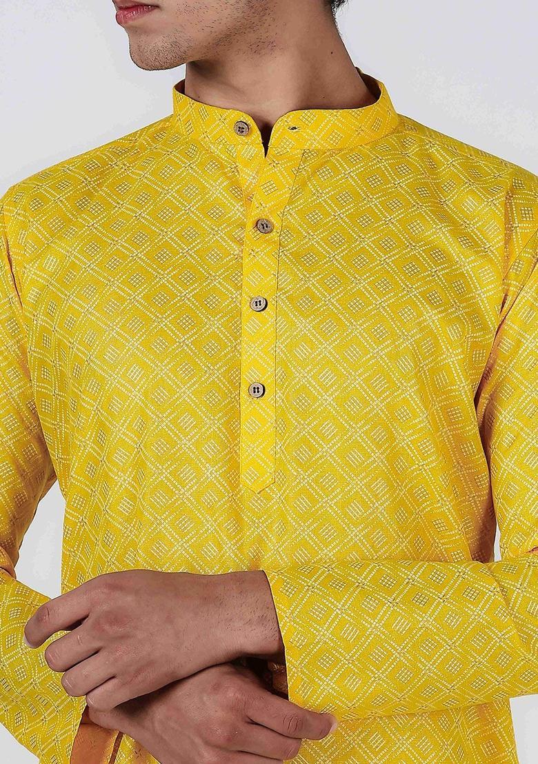 Yellow Woven Design Cotton Kurta For Men - Indya
