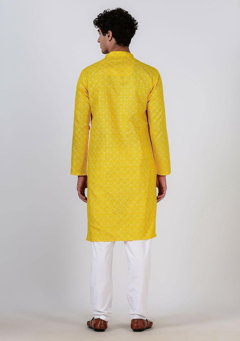 Yellow Woven Design Cotton Kurta For Men - Indya