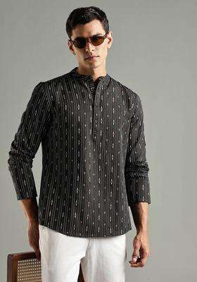 Black Striped Blended Kurta For Men