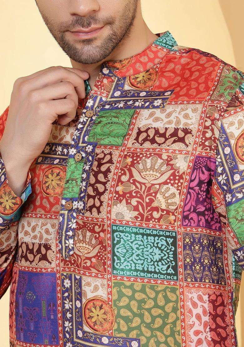 Multi Printed Viscose Kurta For Men - Indya