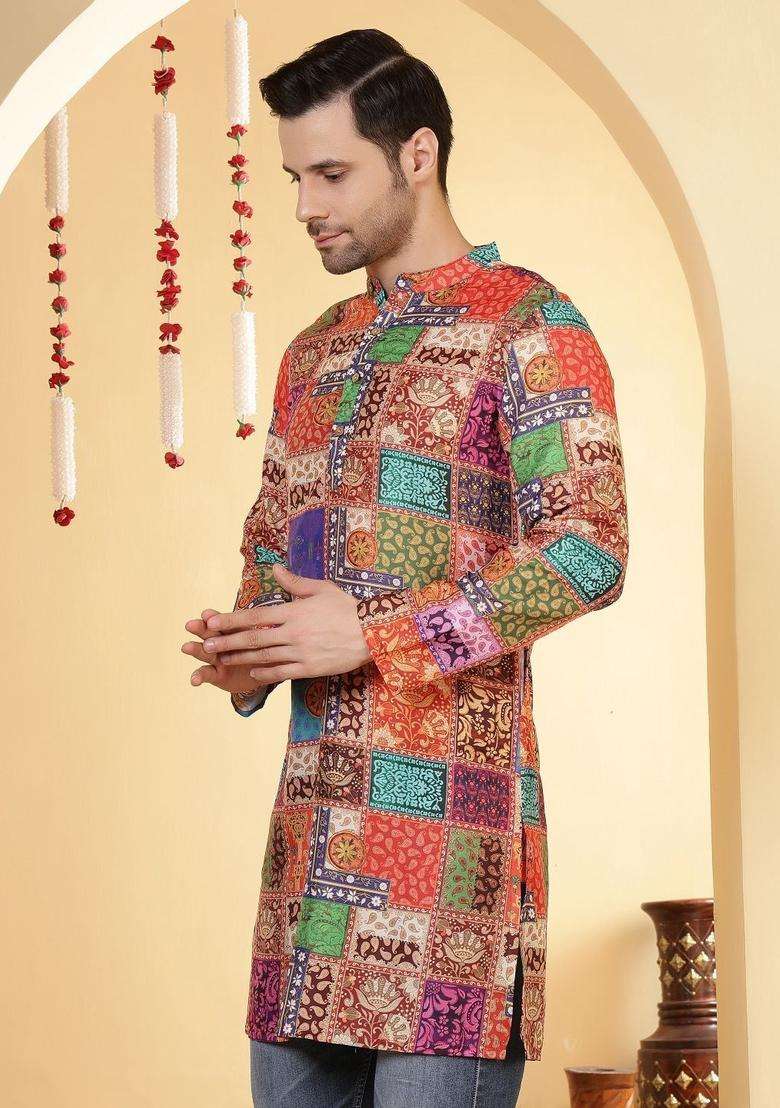 Multi Printed Viscose Kurta For Men - Indya