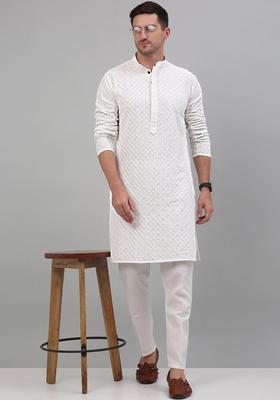 White Embroidered Viscose Kurta For Men