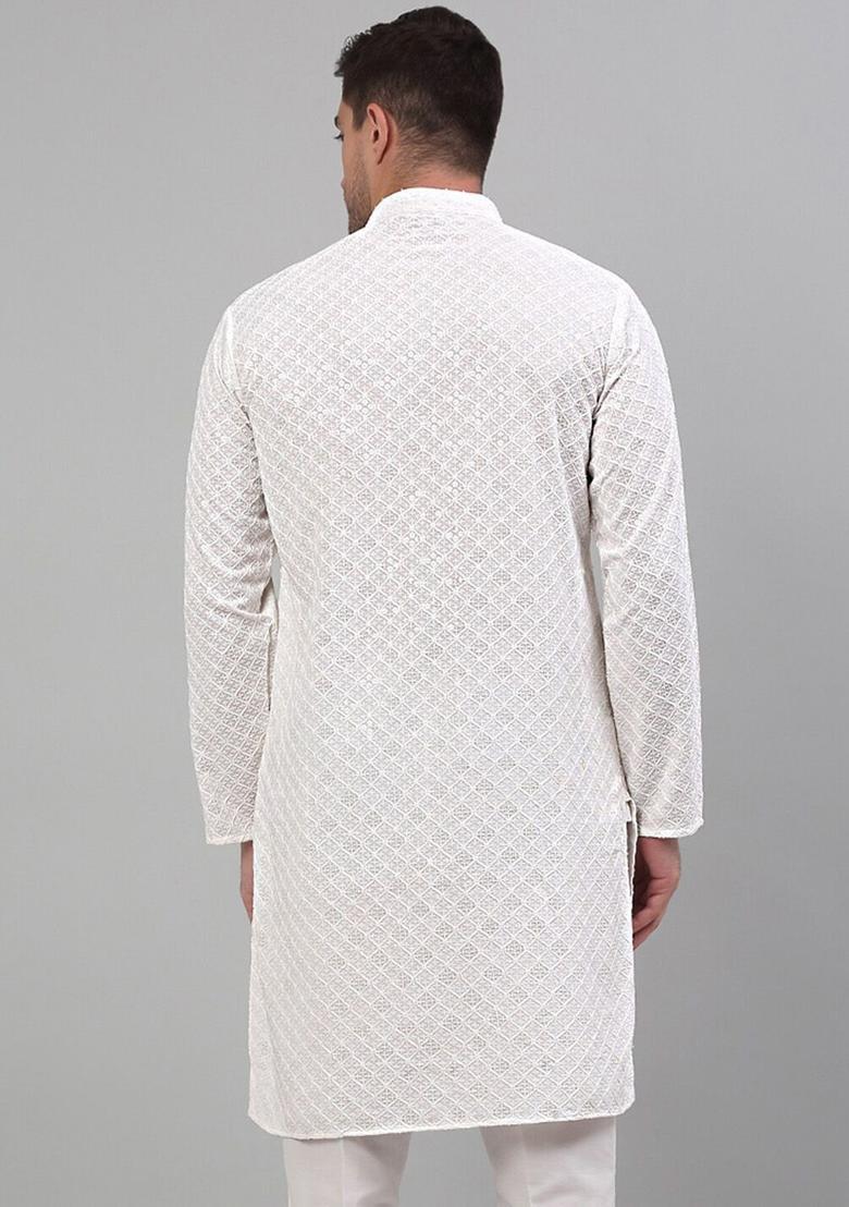 White Embroidered Viscose Kurta For Men - Indya