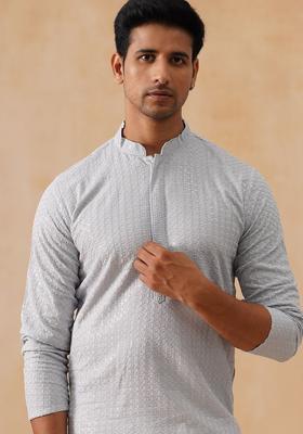 Grey Embroidered Viscose Kurta For Men