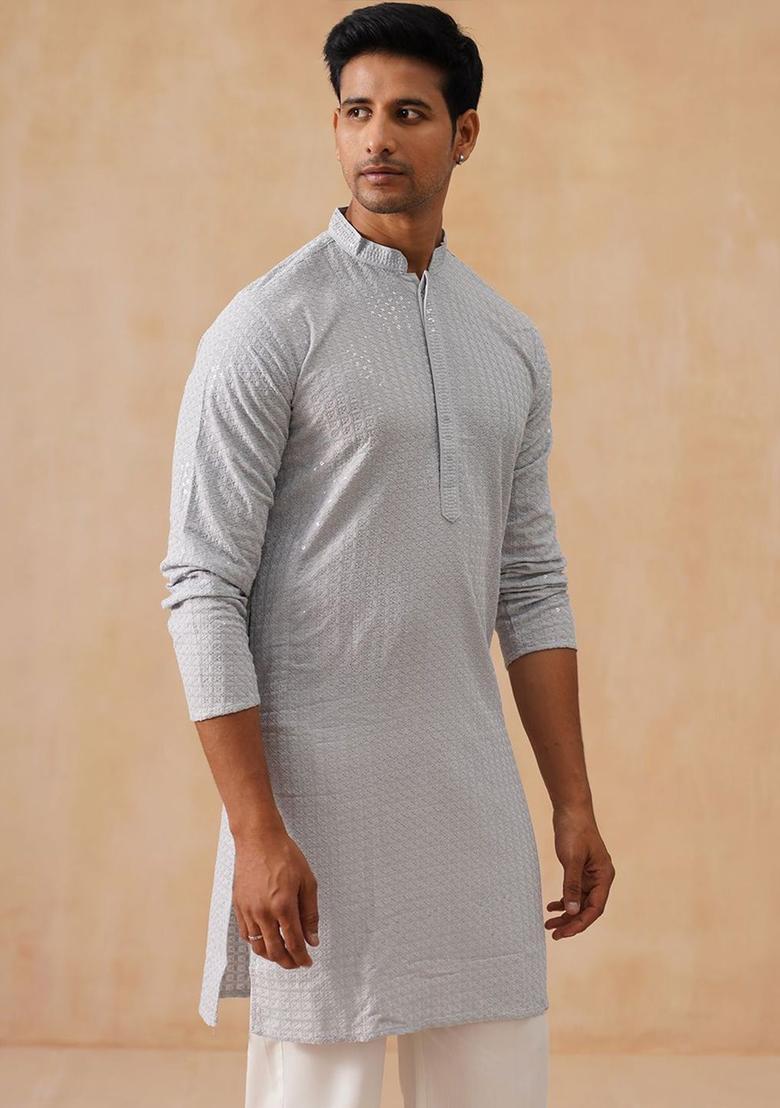 Grey Embroidered Viscose Kurta For Men - Indya