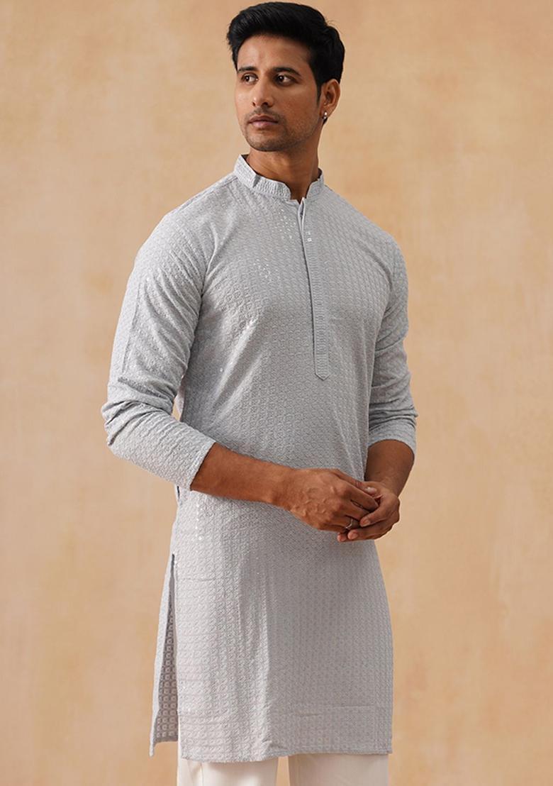 Grey Embroidered Viscose Kurta For Men - Indya