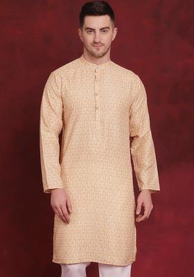 Yellow Woven Design Cotton Kurta For Men