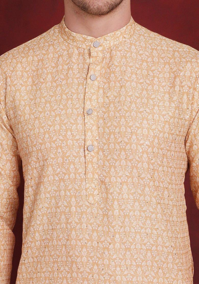 Yellow Woven Design Cotton Kurta For Men - Indya