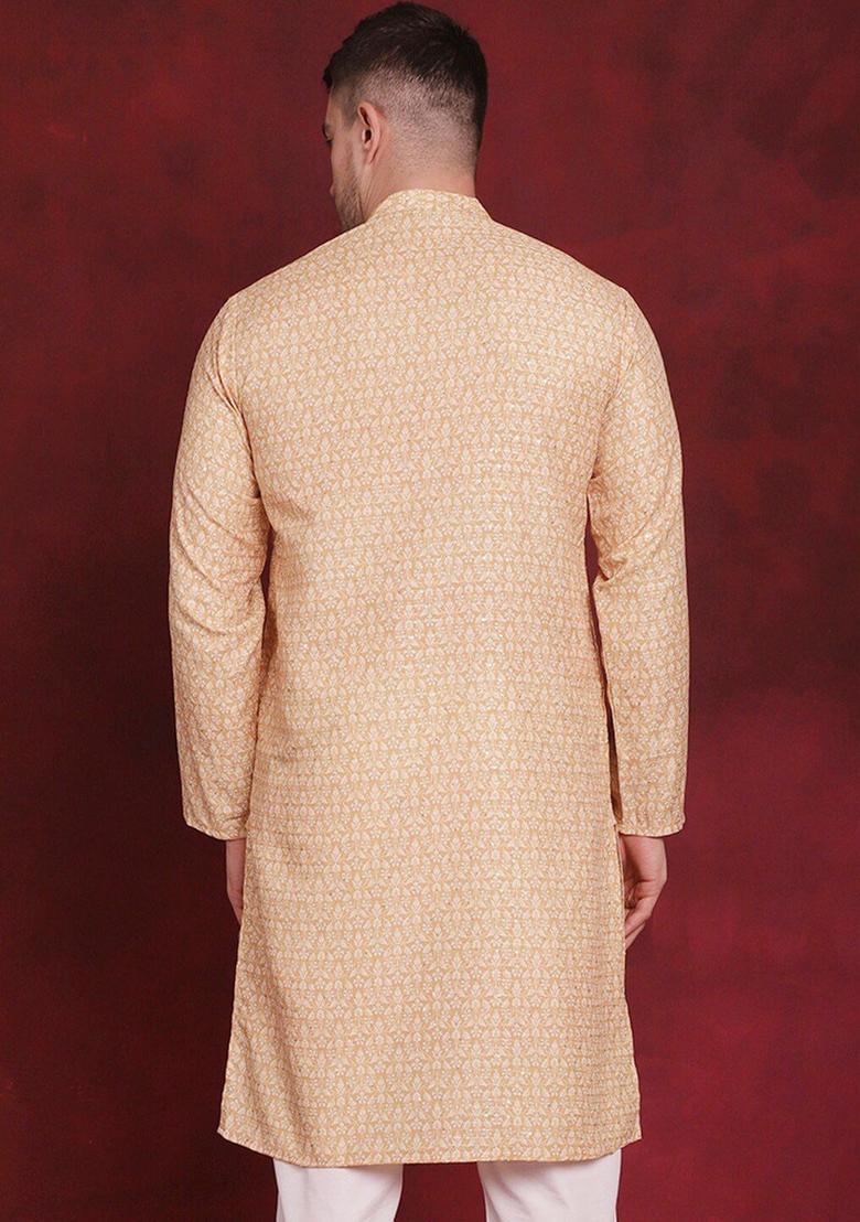 Yellow Woven Design Cotton Kurta For Men - Indya