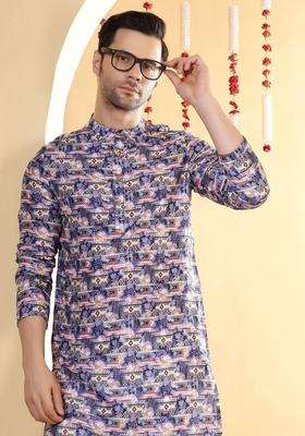 Blue Printed Viscose Kurta For Men