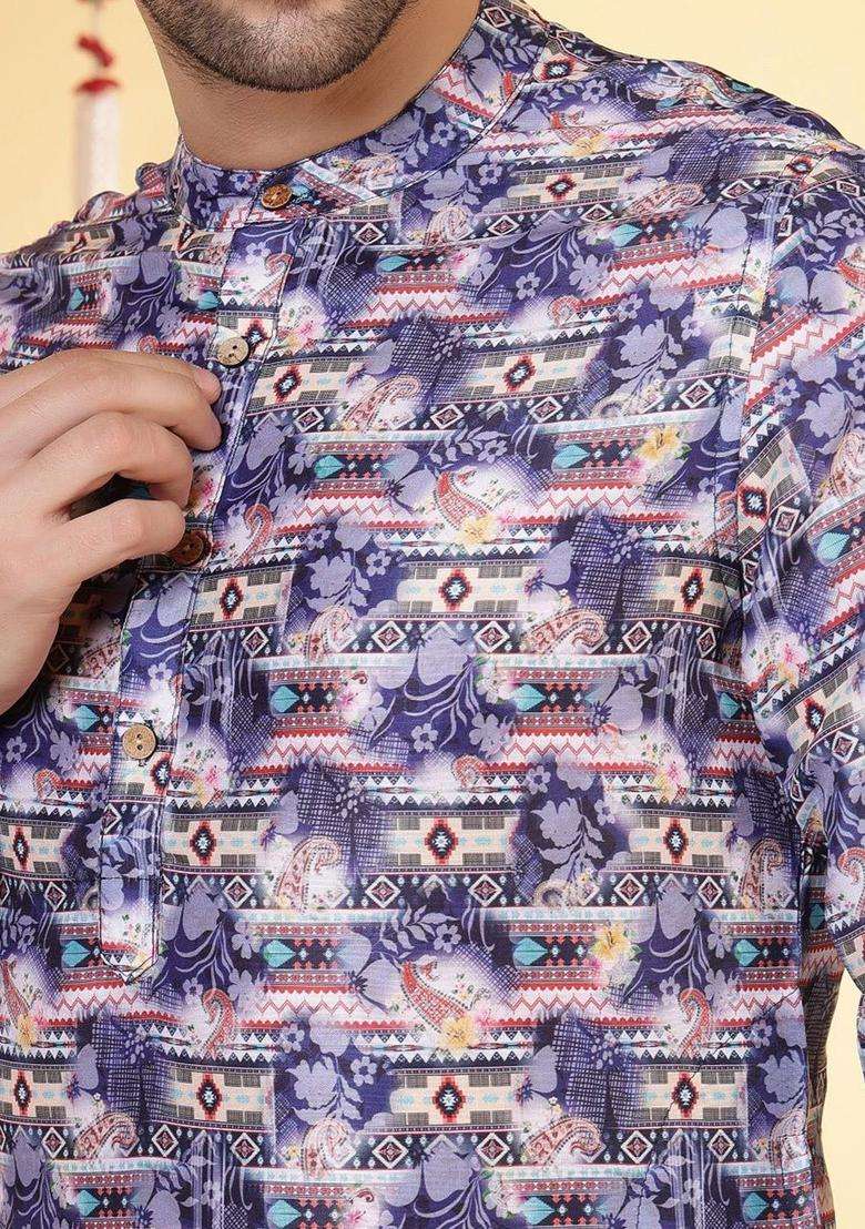 Blue Printed Viscose Kurta For Men - Indya