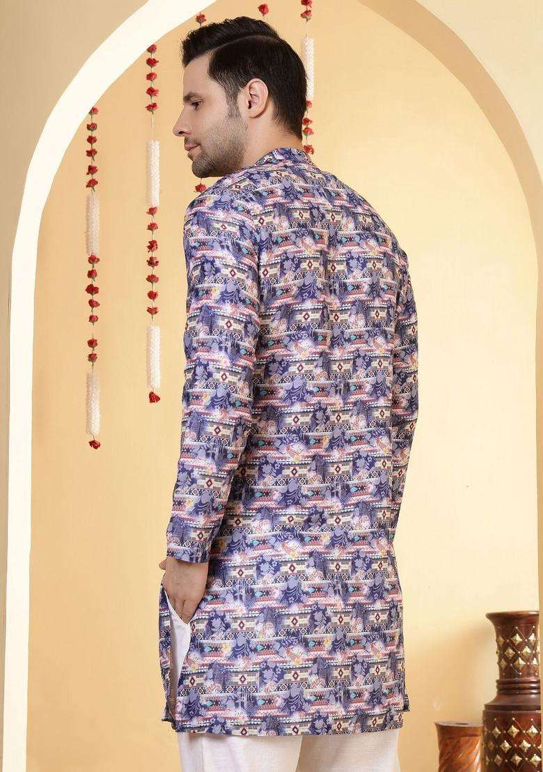 Blue Printed Viscose Kurta For Men - Indya